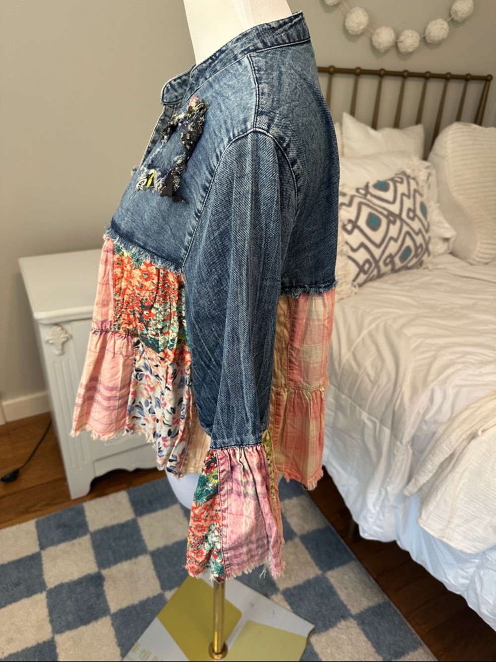 Young Threads Boho Patchwork Denim and Pink Floral Jacket - Picture 5 of 7